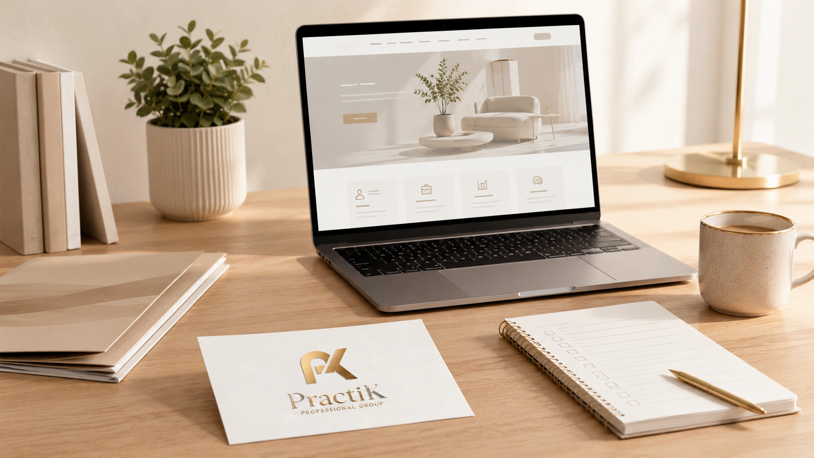 Laptop on a designer desk showcasing a refined PractiK website mockup