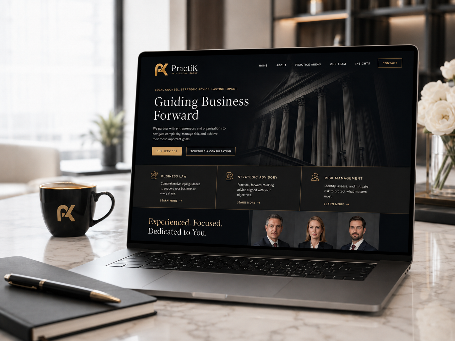 PractiK branding shown on a laptop — luxury website design on a marble desk with PK-monogram coffee cup