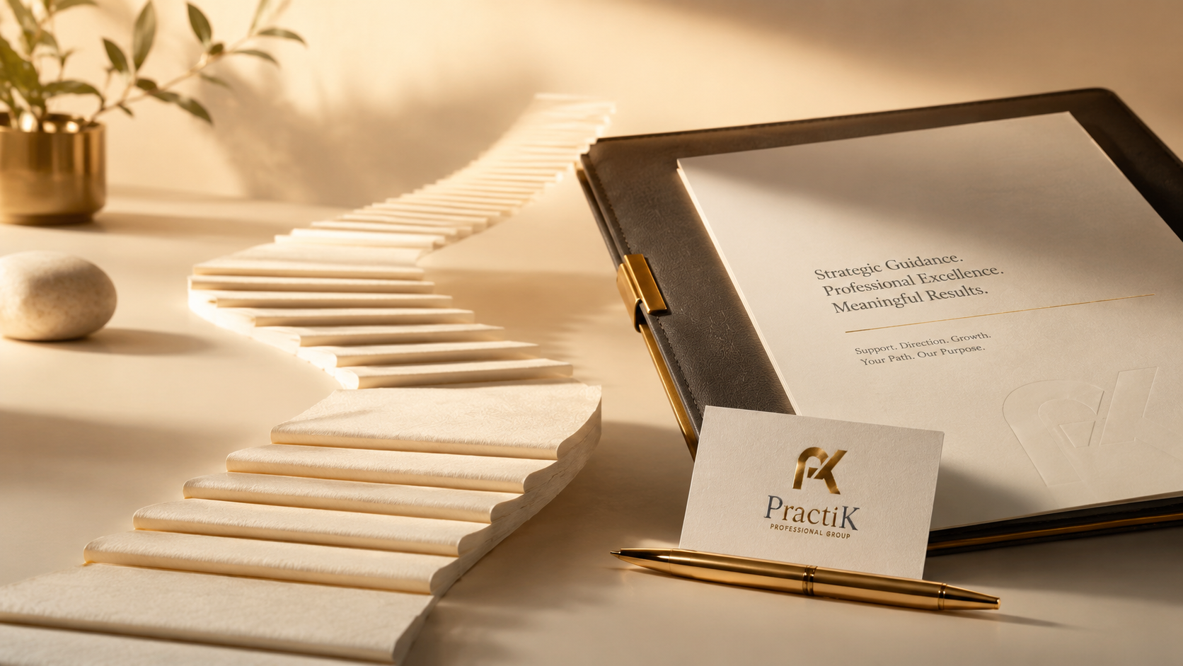PractiK Professional Group brand composition — leather portfolio, business card and gold accents