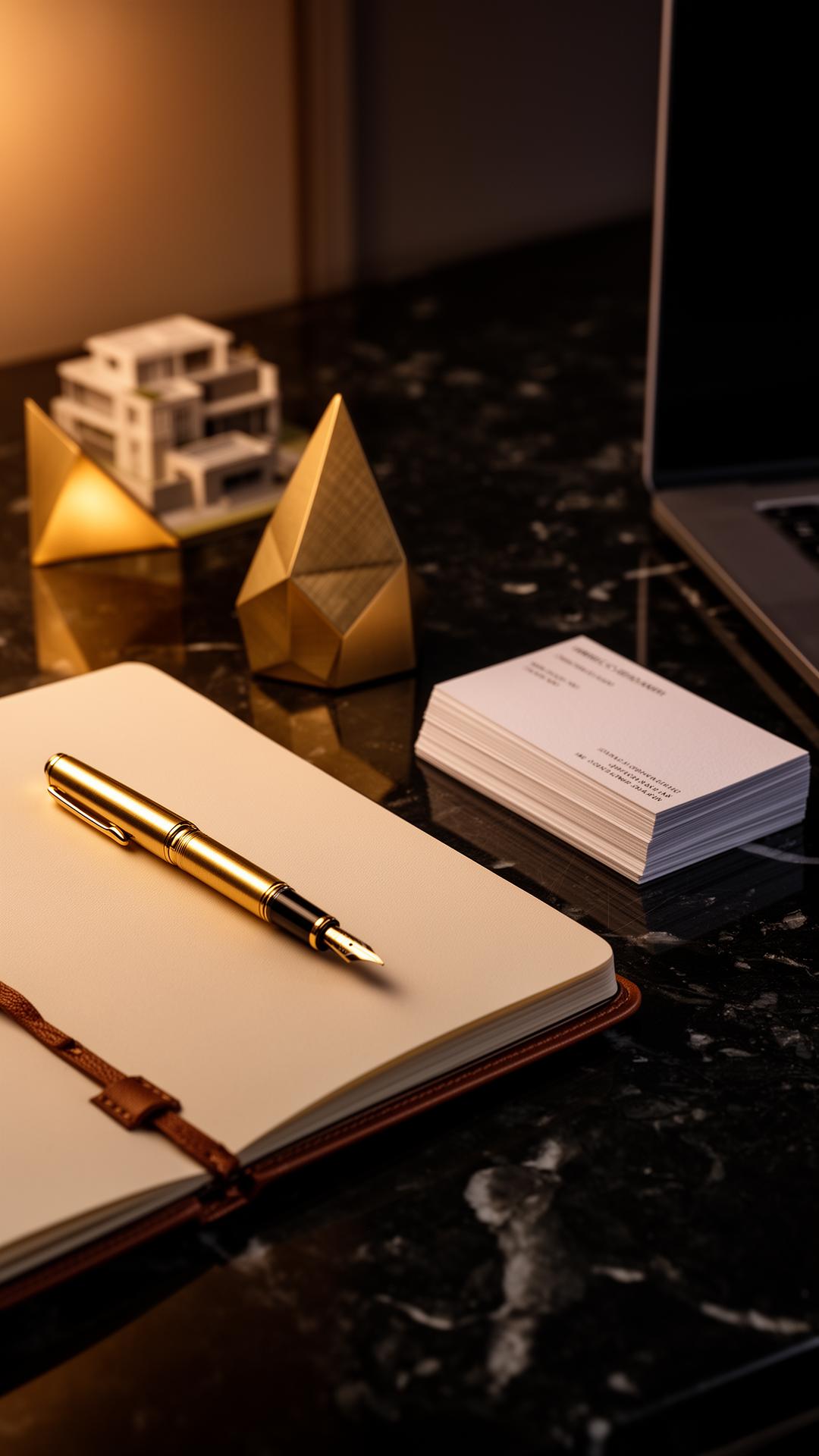 Luxury editorial still-life — leather notebook, gold pen, and refined planning objects