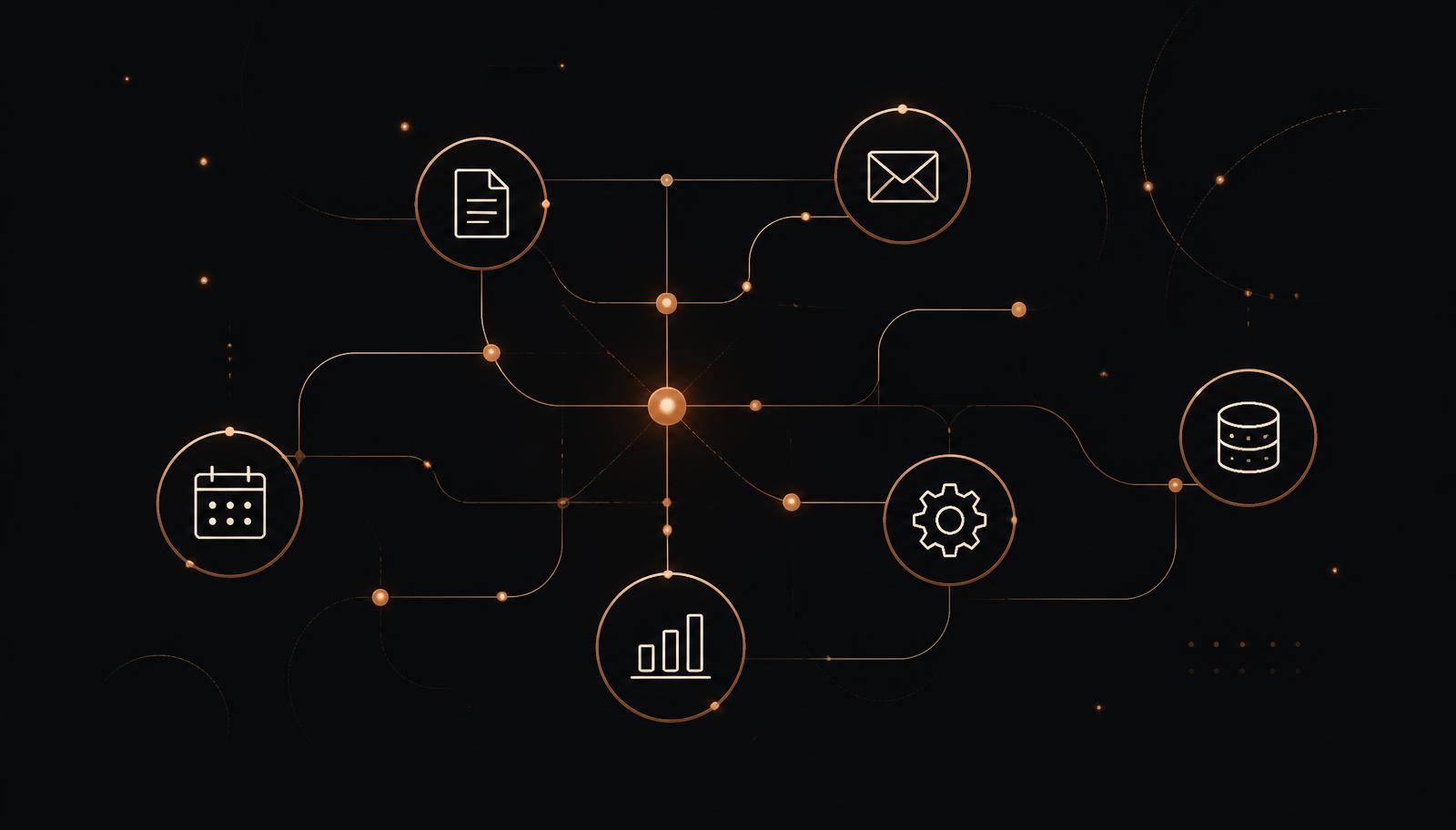 Connected business automation workflow linking documents, email, calendar and data