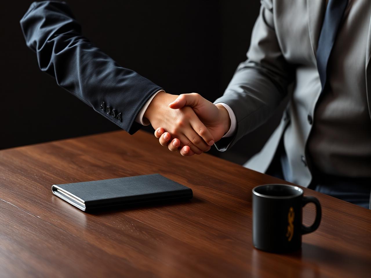 Professionals shaking hands across a polished wooden table